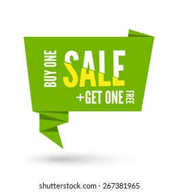 Green Origami paper speech bubble for sale. Vector ribbon banner design for advertising