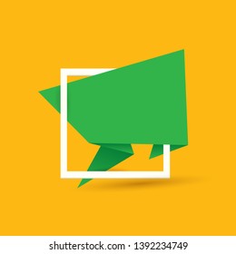 Green origami speech bubble or banner isolated on orange background. Ribbon banner, scroll, price tag, sticker, badge, poster. Vector cover design template