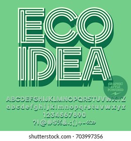 Green original  striped vector alphabet. Graphic font with text Eco idea