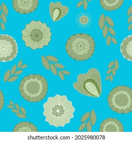 Green ornament with elements of folk style, created for textiles and wallpapers. Print. Blue background.