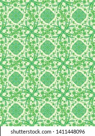 Green ornament with Flowers and leaves. Seamless pattern. Vector