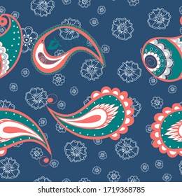 Green Ornament India Vector Seamless Pattern. Oriental Leaf Wallpaper. Flower Damask Design. Green and Red Ethnic Texture.