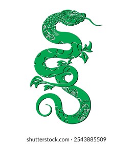 Green ornamental chinese snake silhouette with floral patterned textured skin. Happy Chinese new year 2025 snake Zodiac sign, year of the Snake. Ornate decorative trendy isolated snake on white.