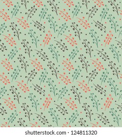 Green ornamental floral pattern. Seamless hand drawn background with leafs. Doodle retro texture