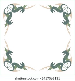 Green ornamental frame with dragons stylized. Dragon wings frame, fantasy green corners. Fairy tail decoration, book decoration.