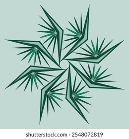 Green ornamental geometric fantasy design element. Large daring creative green snowflake on light green background. Elegant geometric mandala star pattern. Tropical ornament vector illustration.
