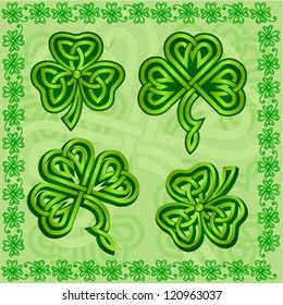 Green ornamental Irish shamrocks set