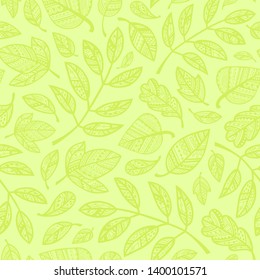 Green ornamental leaves seamless pattern. Vector illustration.