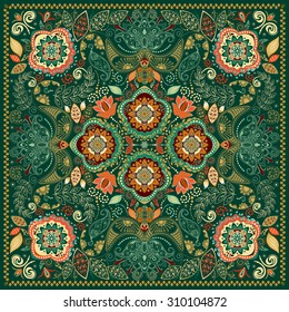 Green ornamental Paisley pattern, design for pocket square, textile, silk shawl