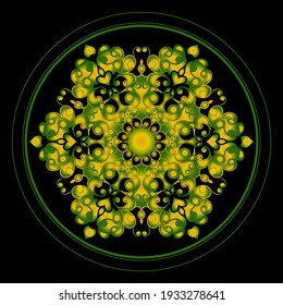 Patrón verde ornamental sobre fondo negro. Diseño de plantilla de tarjeta. Ilustración vectorial.