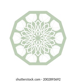 Green ornamental round pattern on white background. Card template design. Vector illustration.