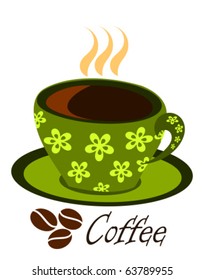 Green ornamented coffee cup with steaming espresso. Vector illustration
