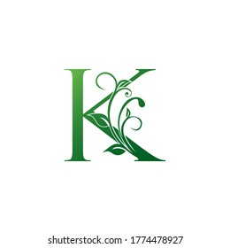 Green Ornate Floral Letter K logo Icon, Luxury alphabet font initial vector design isolated on white background color.