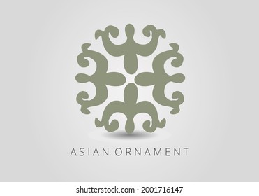 Green ornate linear floral ornament in Kazakh traditional style. Asian floral design. Abstract Asian elements of the national pattern of the ancient nomads of the Kyrgyz, Mongols, Kazakhs, Tatars. 
