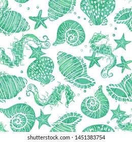 Green ornate seashell seamless pattern print background design. Vector