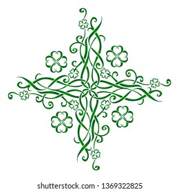 Green ornate vector celtic cross with four-leaf clovers and triskels isolated on white background