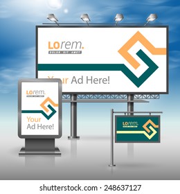Green outdoor advertising design for corporate identity with yellow geometric elements. Stationery set