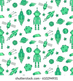 Green outer space hand drawn doodles seamless vector pattern