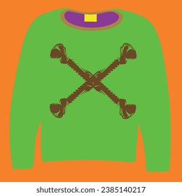The green outfit in front of the background and the brown bone pattern in front of it