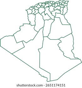 Green Outline Algeria Map with District Borders African Country