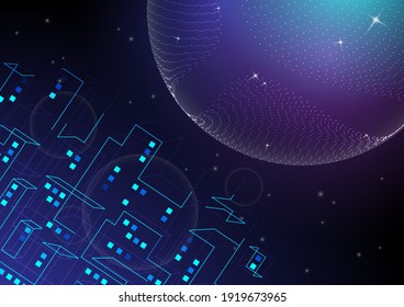 The green outline building and technology on the black background with star, business, city, modern, architecture