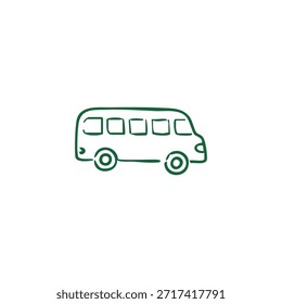 Green outline of a bus with square windows and circle wheels on white background