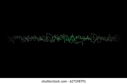 Green outline cityscape sketch
vector, fading lines, black background