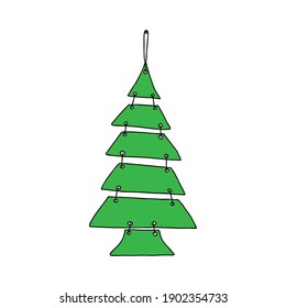 A Green outline hand drawing vector illustration of a carved Christmas fir tree with copy space isolated on a white background