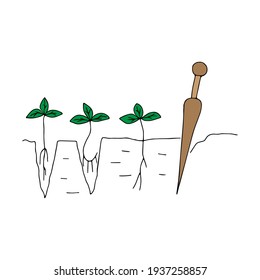 Eine grüne Umrisszeichnung, Vektorgrafik, wie kleine Erdbeerpflanzen mit braunem Holzwerkzeug einzeln auf weißem Hintergrund gesät werden