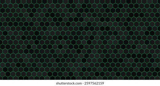 Green Outline Honeycomb Vector: Dark Textured Background, Repeating Grid, Modern Design, Bright Green Lines, Hexagon Pattern, Seamless Texture, Sophisticated Pattern, Technological Background, Dark Gr