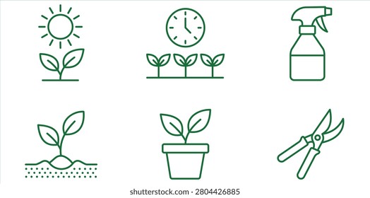 Green outline icons set featuring a sun on a sprout clock with plants spray bottle seedling in soil potted plant and pruning shears representing gardening and plant care vector illustration
