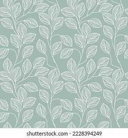 Green outline leaf seamless pattern vector. Abstract linear branches floral backdrop illustration. Wallpaper, background, fabric, textile, print, wrapping paper or package design.