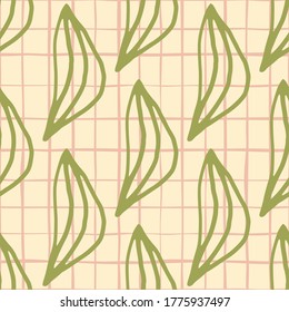 Folletos de esquema verde sobre un patrón floral sin fisuras. Fondo rosado a cuadros. Diseño sencillo. Impresión moderna para tela, textil, papel envolvente. Ilustración del vector