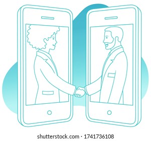 Green outline portraits of business woman with curly hair and bearded man who agree remotely using mobile phone