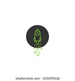 Green outline rocket ship with flying out of circle isolated on white. Flat line icon. Vector illustration with flying rocket. Space travel. Project start up sign. Creative idea symbol.