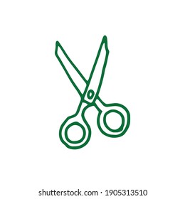 green outline, scissor isolated on white background. scissor vector illustration. cartoon style. sharp tool. cutter icon. sewing cloth. hand drawn vector. doodle for kids, logo, sticker, clipart. 