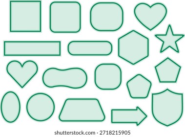 Green outline shape set. Rounded geometric frames for labels, badges, and interface layouts. Clean vector elements for modern branding design.