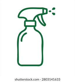 A green outline of a spray bottle with a nozzle spraying liquid
