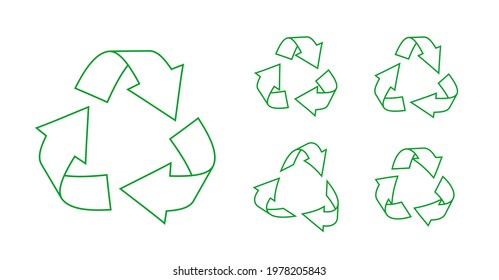 Green outline triangular recycling icons set. Rotate recycle arrows symbols. Eco rotation, infographics element for website, apps. Logo using recycled resources. Isolated on white vector illustration