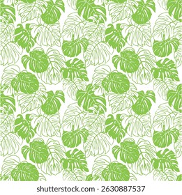 Green outline tropical monstera leaf pattern design