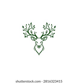 Green outline vector logo of a deer head featuring antlers shaped like tree branches and leaves