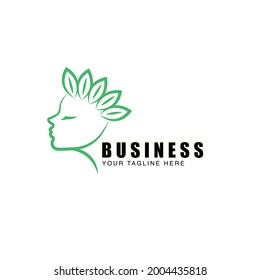 Green outline woman head with leaves crown. Vector logo template to show natural organic and healthy product. Suitable for any cosmetic salon and beauty spa company business logo.