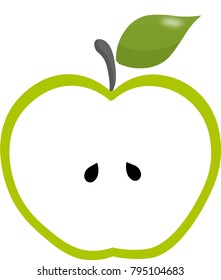 Green outlined apple, white middle, two black seeds, leaf and stem,open, half