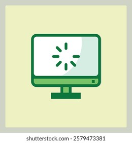 Green outlined computer monitor with a circular loading icon in the center on a light background