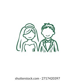 Green outlined illustration of a smiling bride and groom on a white background