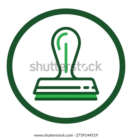A green outlined rubber stamp icon is centered within a circular border on a white background, symbolizing official approval or certification.