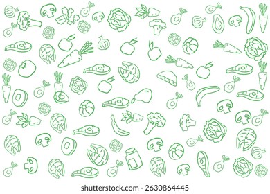 Green outlines of fruits, vegetables, and food items scattered on a white background.