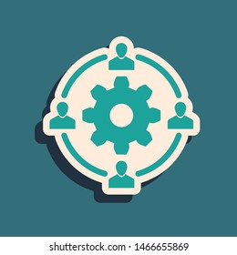 Green Outsourcing concept icon isolated on blue background. Cooperation sign. Idea of teamwork and investment. Long shadow style. Vector Illustration