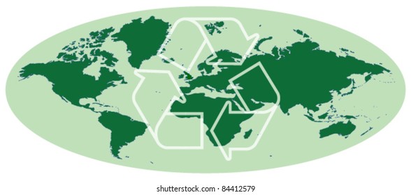 Green Oval Earth Map With Recycling Symbol Isolated On White Background