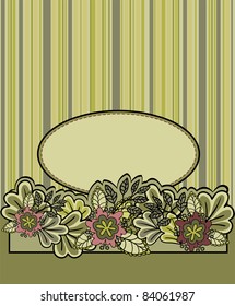 green oval frame on a striped background with flowers